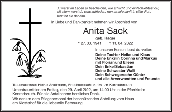 Traueranzeige von Anita Sack von Frankenpost