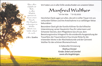 Traueranzeige von Manfred Walther von Südthüringer Presse