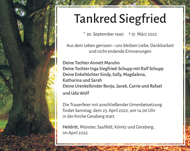 Traueranzeige für Tankred Siegfried vom 14.04.2022 aus Südthüringer Presse