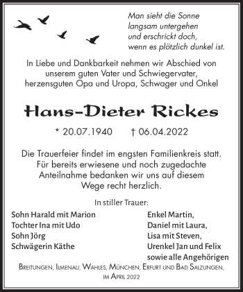 Traueranzeige von Hans-Dieter Rickes von Südthüringer Presse