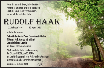 Traueranzeige von Rudolf Haak von Südthüringer Presse