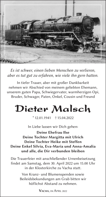 Traueranzeige von Dieter Malsch von Südthüringer Presse
