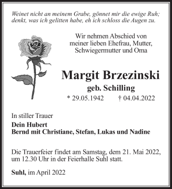 Traueranzeige von Margit Brzezinski von Südthüringer Presse