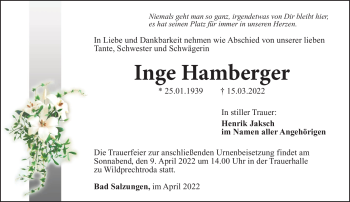Traueranzeige von Inge Hamberger von Südthüringer Presse