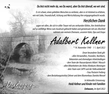 Traueranzeige von Adalbert Kellner von Südthüringer Presse