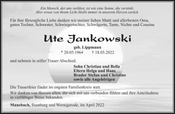 Traueranzeige von Ute Jankowski von Südthüringer Presse