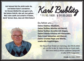 Traueranzeige von Karl Bublitz von Südthüringer Presse