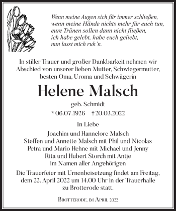 Traueranzeige von Helene Malsch von Südthüringer Presse