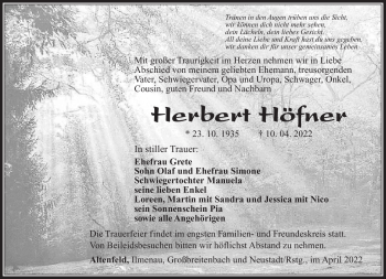 Traueranzeige von Herbert Höfner von Südthüringer Presse