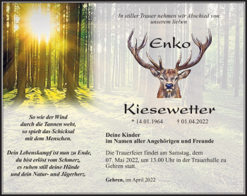 Traueranzeige von Enko Kiesewetter von Südthüringer Presse