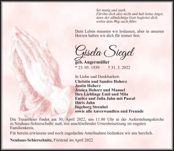 Traueranzeige von Gisela Siegel von Südthüringer Presse