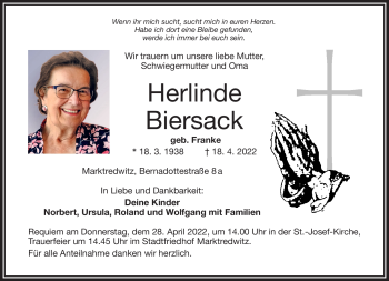 Traueranzeige von Herlinde Biersack von Frankenpost