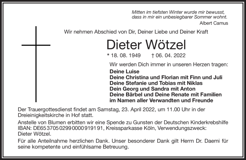  Traueranzeige für Dieter Wötzel vom 13.04.2022 aus Frankenpost