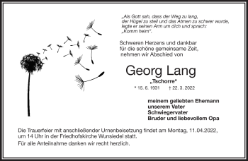 Traueranzeige von Georg Lang von Frankenpost