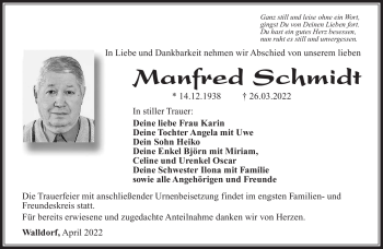 Traueranzeige von Manfred Schmidt von Südthüringer Presse