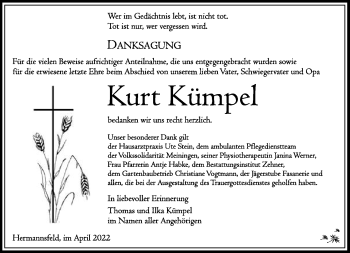 Traueranzeige von Kurt Kümpel von Südthüringer Presse