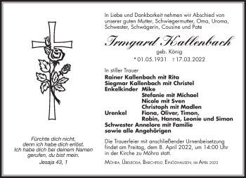 Traueranzeige von Irmgard Kallenbach von Südthüringer Presse