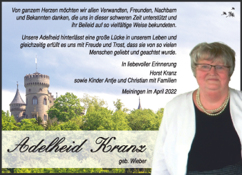 Traueranzeige von Adelheid Kranz von Südthüringer Presse