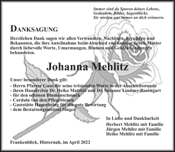 Traueranzeige von Johanna Mehlitz von Südthüringer Presse