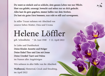 Traueranzeige von Helene Löffler von Südthüringer Presse