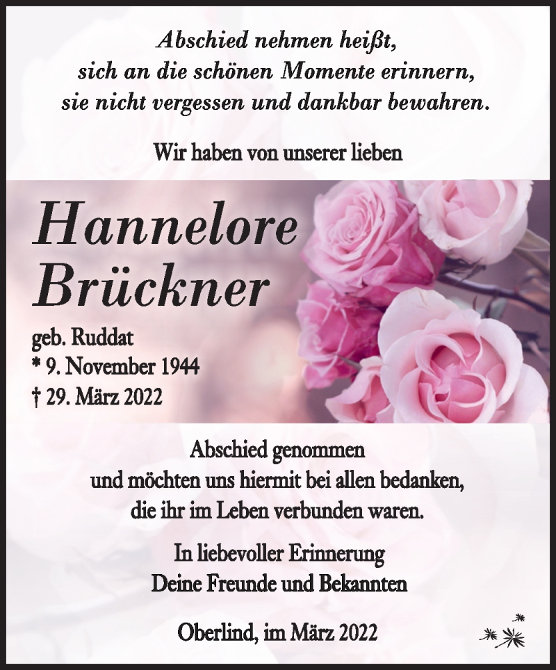  Traueranzeige für Hannelore Brückner vom 16.04.2022 aus Südthüringer Presse