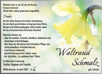 Traueranzeige von Waltraud Schmalz von Südthüringer Presse