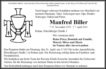 Traueranzeige von Manfred Biller von Frankenpost