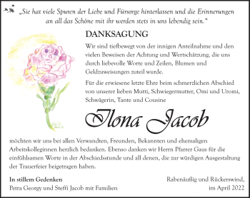 Traueranzeige von Ilona Jacob von Südthüringer Presse