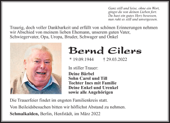 Traueranzeige von Bernd Eilers von Südthüringer Presse