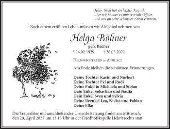 Traueranzeige von Helga Böhner von Frankenpost