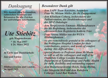 Traueranzeige von Ute Stiebitz von Südthüringer Presse