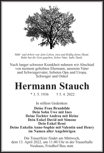 Traueranzeige von Hermann Stauch von Südthüringer Presse