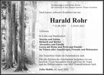 Traueranzeige von Harald Rohr von Südthüringer Presse