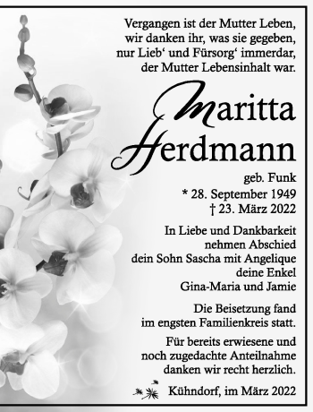 Traueranzeige von Maritta Herdmann von Südthüringer Presse