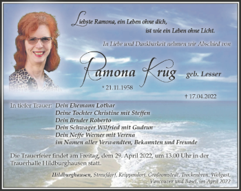 Traueranzeige von Ramona Krug von Südthüringer Presse