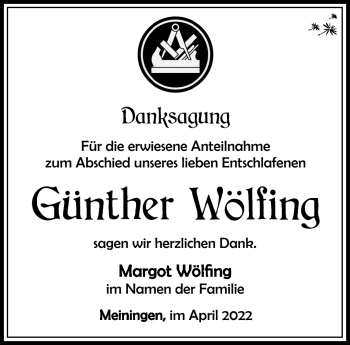 Traueranzeige von Günther Wölfing von Südthüringer Presse