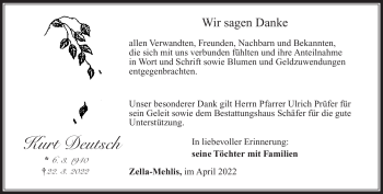 Traueranzeige von Kurt Deutsch von Südthüringer Presse