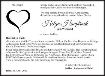 Traueranzeige von Helga Hauptrock von Südthüringer Presse