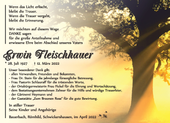 Traueranzeige von Erwin Fleischhauer von Südthüringer Presse