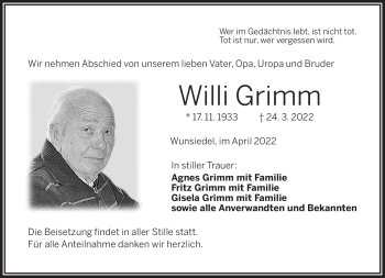 Traueranzeige von Willi Grimm von Frankenpost