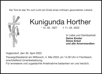 Traueranzeige von Kunigunda Horther von Neue Presse Coburg
