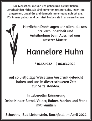Traueranzeige von Hannelore Huhn von Südthüringer Presse