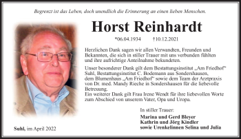 Traueranzeige von Horst Reinhardt von Südthüringer Presse