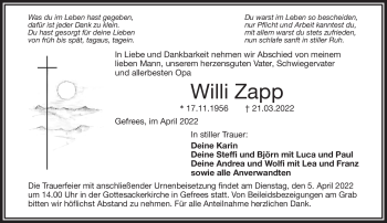 Traueranzeige von Willi Zapp von Frankenpost