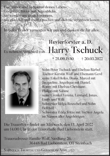 Traueranzeige von Harry Tschuck von Südthüringer Presse