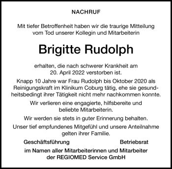 Traueranzeige von Brigitte Rudolph von Neue Presse Coburg