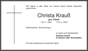 Traueranzeige von Christa Krauß von Frankenpost