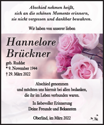 Traueranzeige von Hannelore Brückner von Südthüringer Presse