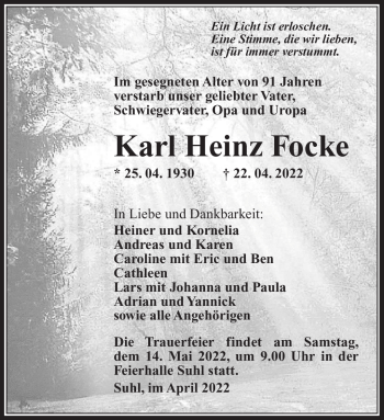 Traueranzeige von Karl Heinz Focke von Südthüringer Presse