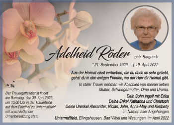 Traueranzeige von Adelheid Röder von Südthüringer Presse